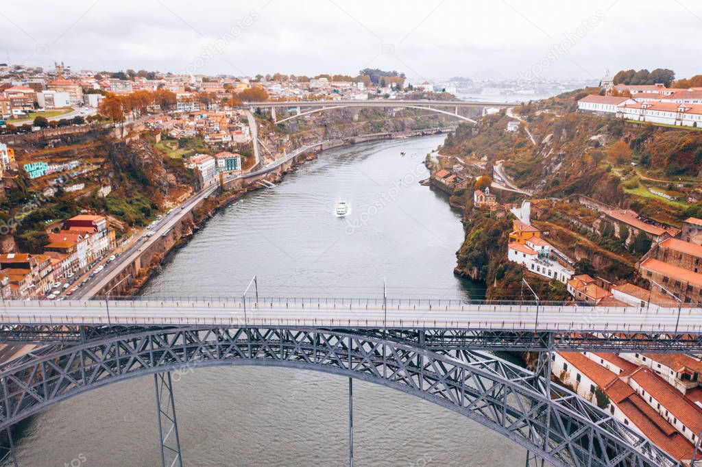November 10, 2018. Porto, Portugal. Dom-Luis bridge at Porto in Portugal. Barcos rabelos.