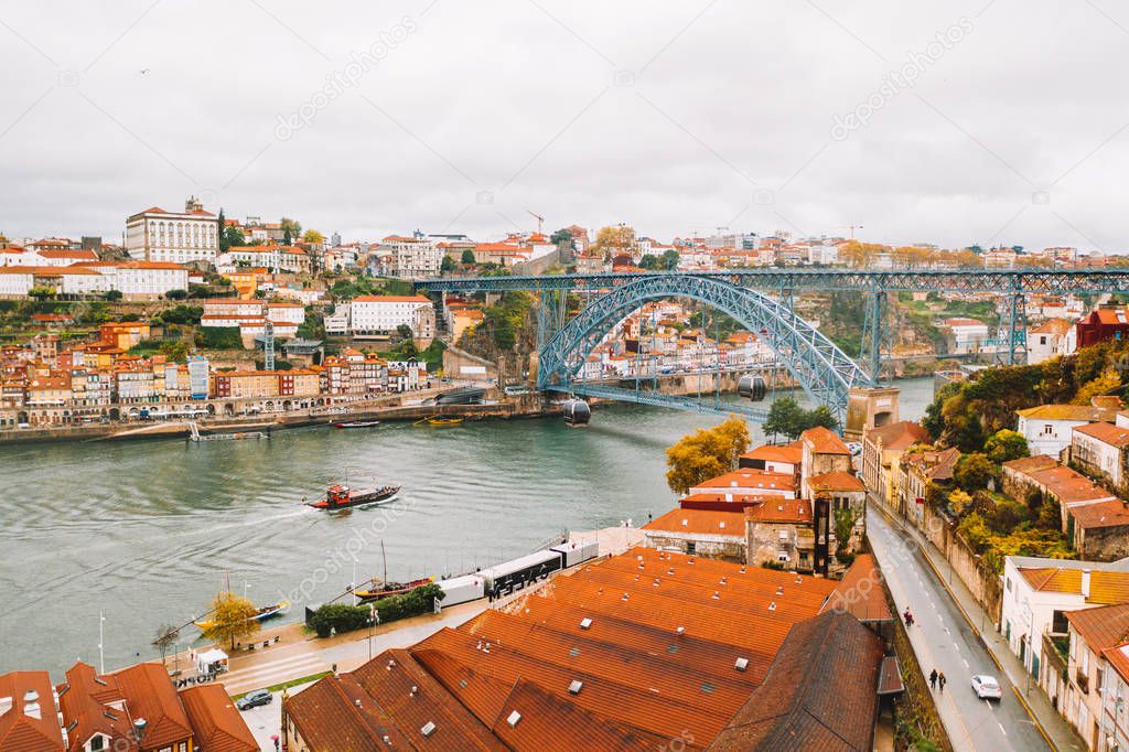 November 10, 2018. Porto, Portugal. Dom-Luis bridge at Porto in Portugal. Barcos rabelos. 
