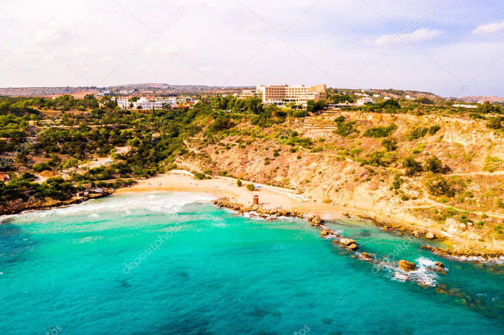 Beautiful Cyprus, Konnos Bay in Cape Greko natural park, rock arch near of Ayia Napa and promenade (molos) Limassol Cyprus and aerial photo of Limassol