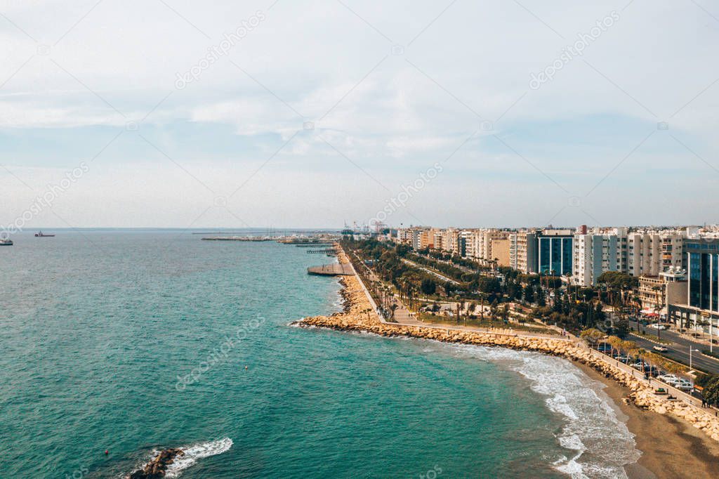 August 10, 2018. Limassol, Cyprus. Panoramic city resort on the coast. Aerial view of the city of Limassol.