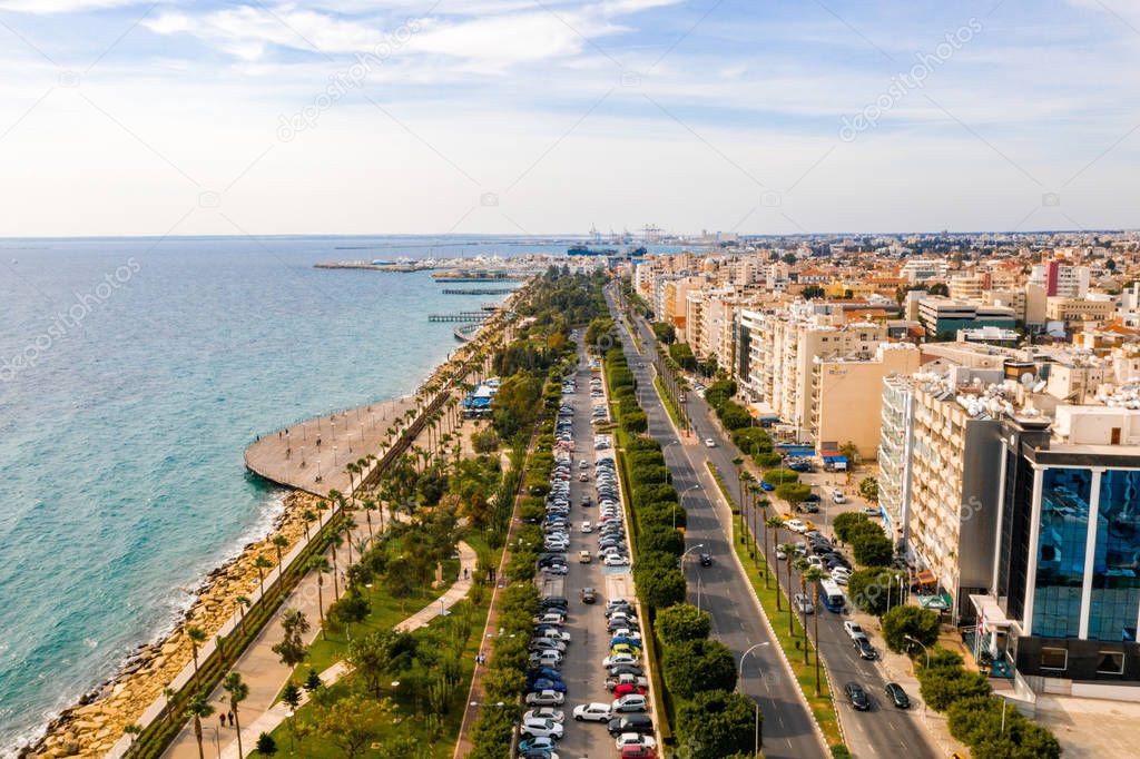 August 10, 2018. Limassol, Cyprus. Panoramic city resort on the coast. Aerial view of the city of Limassol.