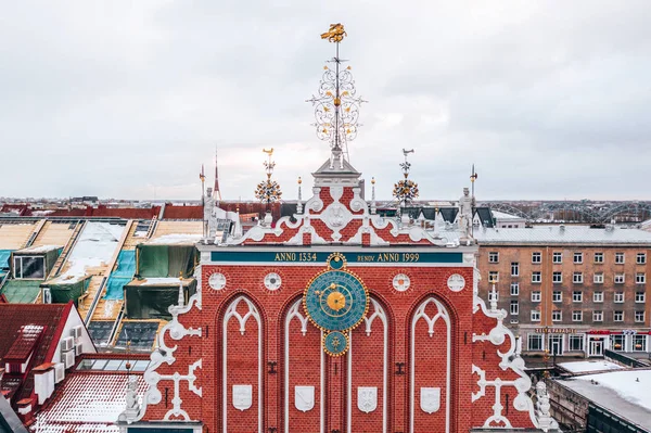 Janeiro 2019 Riga Letónia Praça Câmara Municipal Com Casa Dos — Fotografia de Stock