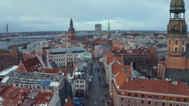 Letonya Riga Tarihi Kent Kışın Noel Günü Panoramik Havadan Görünümü — Stok video