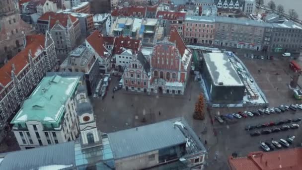 Antenowe Panoramę Centrum Starego Miasta Okresie Zimowym Boże Narodzenie Łotwie — Wideo stockowe