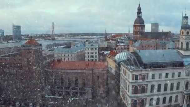 Letonya Riga Tarihi Kent Kışın Noel Günü Panoramik Havadan Görünümü — Stok video