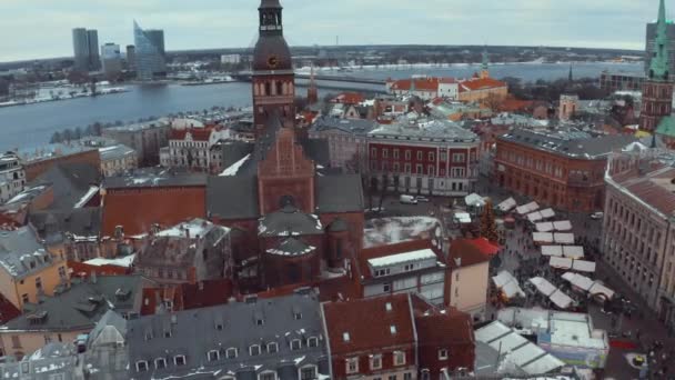 Panorama Flygfoto Över Gamla Stan Riga Vintern Juldagen Lettland — Stockvideo