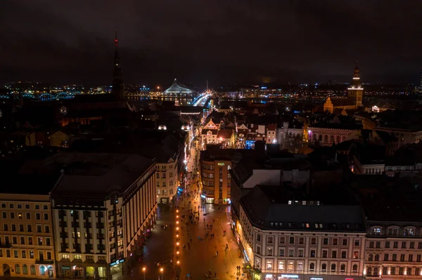 Diciembre 2018 Riga Letonia Vista Aérea Nocturna Del Casco Antiguo — Foto de Stock