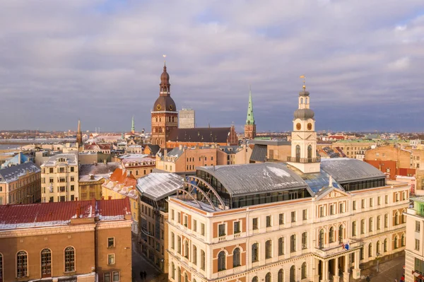 Riga City Antenowe Zimowy Dzień Zobacz Podczas Świąt — Zdjęcie stockowe