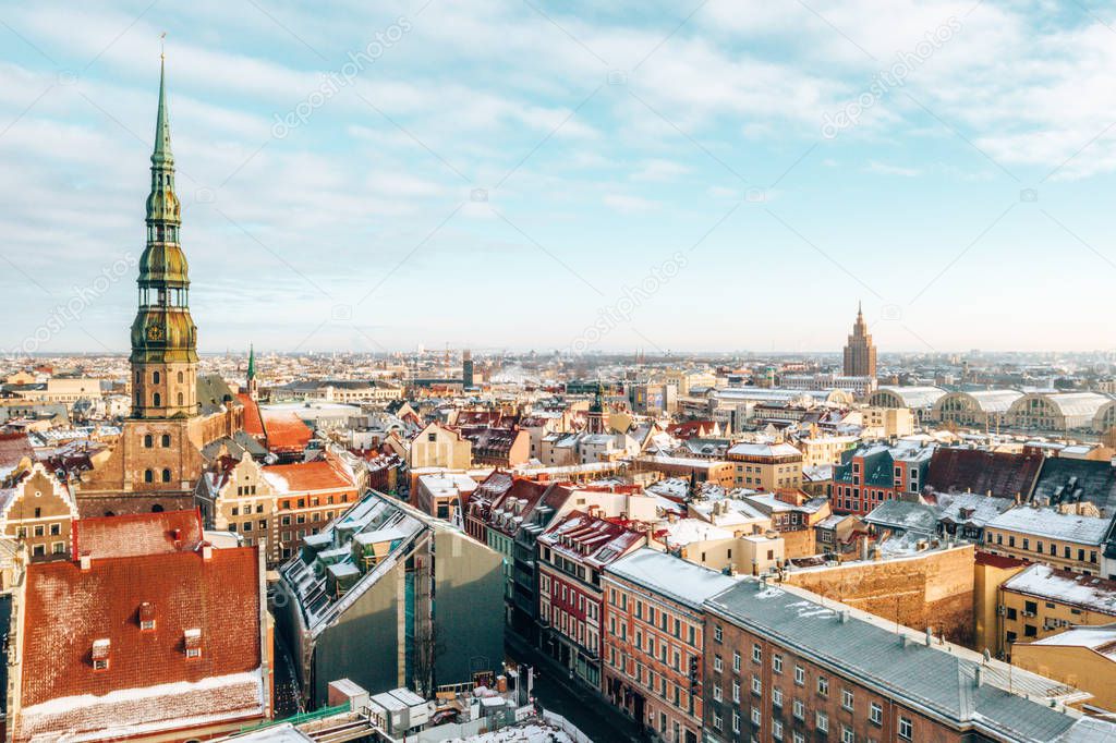 January 5, 2018. Riga, Latvia. Beautiful aerial winter day over Riga old town. Sunny winter day.
