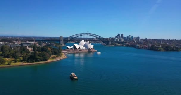 Sydney Operaházban Légifelvételek Helikopter Öbölre Kikötő Híd Háttérben Előtérben Botanikus — Stock videók