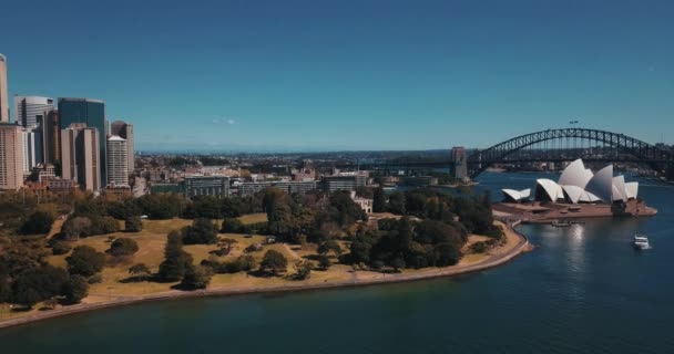 Sydney Opera House Aerial View Helicopter Bay Harbor Bridge Background — Stock Video
