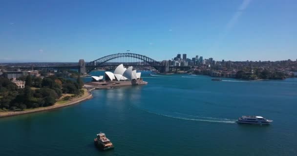 Sydney Operaházban Légifelvételek Helikopter Öbölre Kikötő Híd Háttérben Előtérben Botanikus — Stock videók