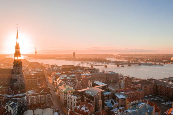 Aerial Vintern Solnedgången Över Gamla Stan Riga Med Domkyrka Och — Stockfoto