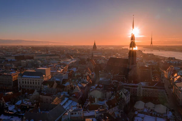 Aerial Vintern Solnedgången Över Gamla Stan Riga Med Domkyrka Och — Stockfoto