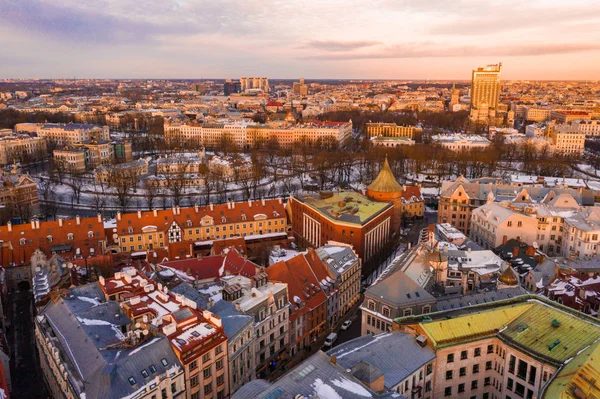 Západ Slunce Zimě Letecký Pohled Přes Staré Město Riga Kopule — Stock fotografie
