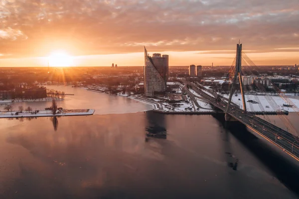 Vista Aérea Pôr Sol Inverno Sobre Cidade Velha Riga Com — Fotografia de Stock