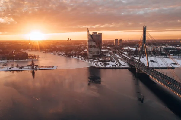 Aerial Vintern Solnedgången Över Gamla Stan Riga Med Domkyrka Och — Stockfoto