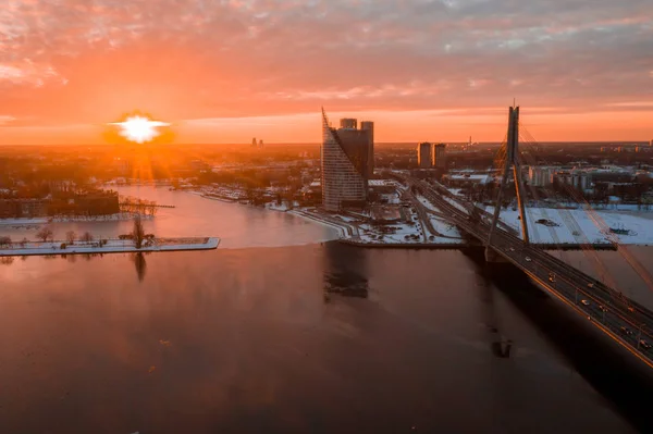 Vista Aerea Sul Tramonto Invernale Sul Centro Storico Riga Con — Foto Stock