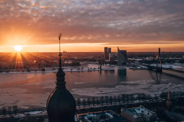 Antenne Winter Sonnenuntergang Blick Über Riga Altstadt Mit Kuppel Kathedrale — Stockfoto