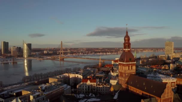 Beautiful Aerial View Riga Old Town Sunset Sunrise Sunny Winter — Stock Video