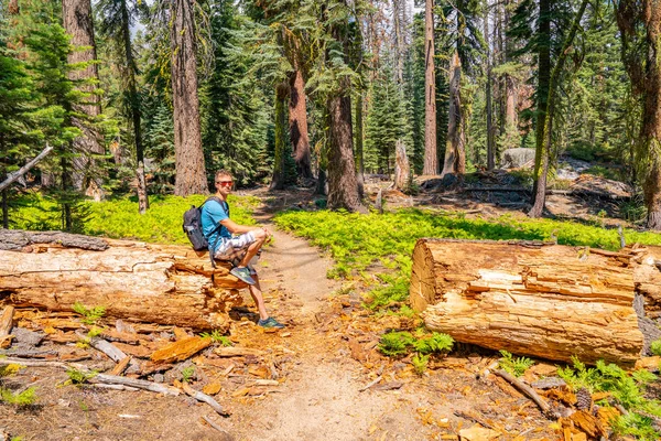 Młody Mężczyzna Przez Park Narodowy Yosemite Zwiedzania Doliny Wodospad Pół — Zdjęcie stockowe