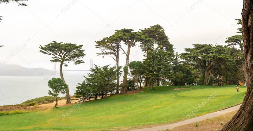 Golden Gate park in San Francisco. Beautiful view of the park near the Golden gate bridge and golf courts. 