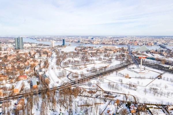 Vackra Vinter Över Riga Visa Nära Seger Minnesmärke Sovjetiska Armén — Stockfoto