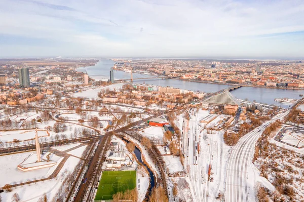 Gyönyörű Téli Riga Felett Nézd Közelében Győzelem Emlékmű Szovjet Hadsereg — Stock Fotó