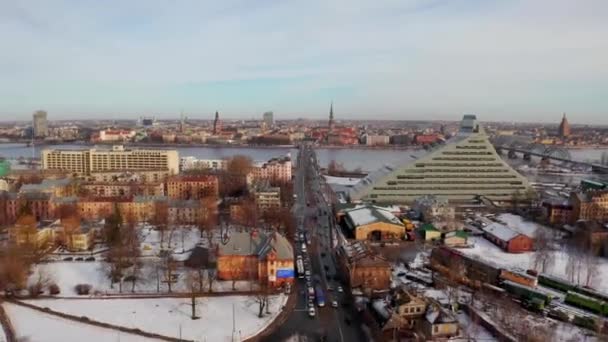 Panorama Flygfoto Över Gamla Stan Riga Vintern Juldagen Lettland — Stockvideo