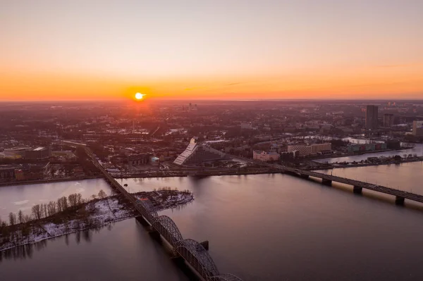 Flygfoto Över Winter Riga Purple Sunset View — Stockfoto