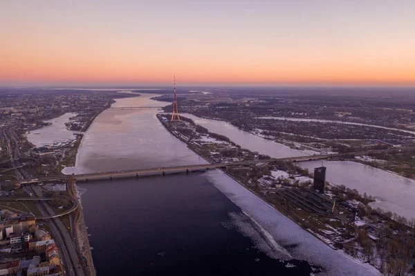 Flygfoto Över Winter Riga Purple Sunset View — Stockfoto