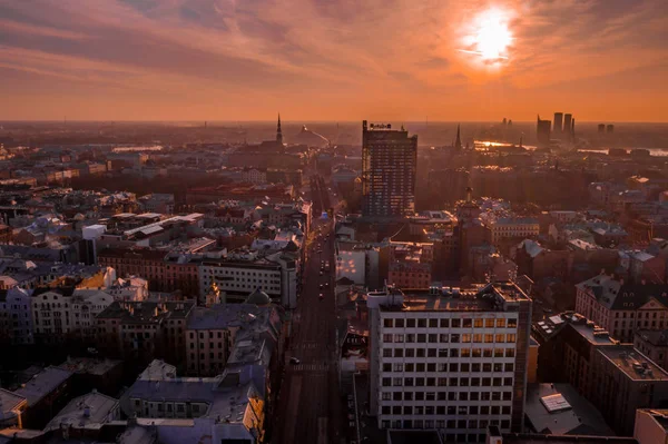 Panoramisch Uitzicht Zonsondergang Van Riga City Buurt Van Oude Stad — Stockfoto