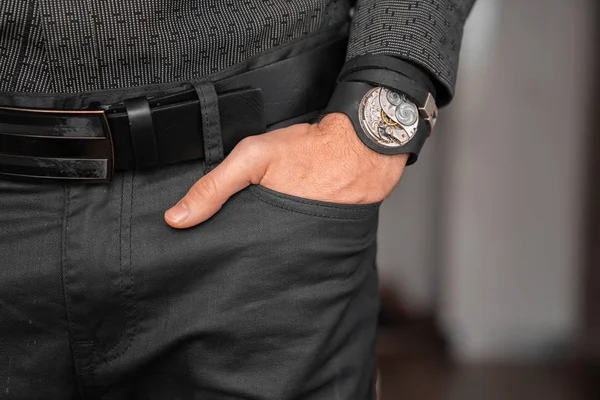 Young Businessman Holding His Hand Pocket Classical Skeleton Watch His — Stok fotoğraf