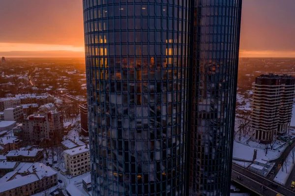 Mars 2019 Riga Lettland Flygvy Över Tornen Riga Vid Solnedgången — Stockfoto