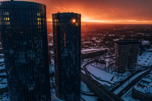 Mars 2019 Riga Lettland Flygvy Över Tornen Riga Vid Solnedgången — Stockfoto