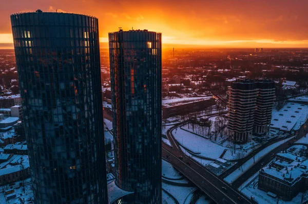 Marzo 2019 Riga Lettonia Veduta Aerea Delle Towers Riga Tramonto — Foto Stock