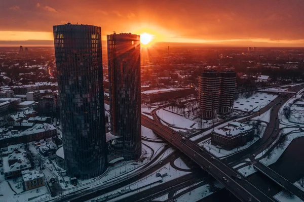 Mars 2019 Riga Lettland Flygvy Över Tornen Riga Vid Solnedgången — Stockfoto