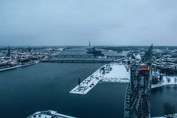 Mars 2019 Riga Lettland Flygfoto Swedbank Huset Riga Vinterkvällen Vid — Stockfoto