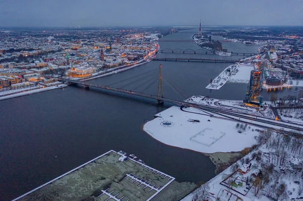Mars 2019 Riga Lettland Flygfoto Swedbank Huset Riga Vinterkvällen Vid — Stockfoto