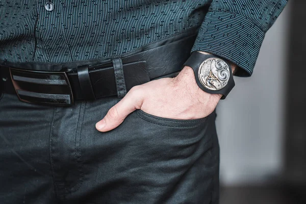 Young Businessman Holding His Hand Pocket Classical Skeleton Watch His — 스톡 사진
