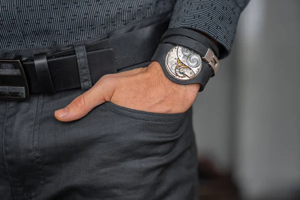 Young Businessman Holding His Hand Pocket Classical Skeleton Watch His — Stockfoto