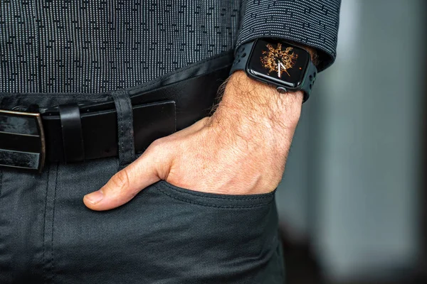 Young Businessman Wearing Smart Watch Holding His Hand Pocket — Stok fotoğraf