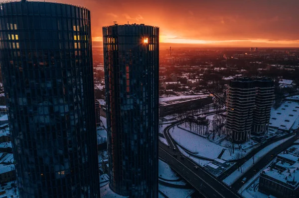 Mars 2019 Riga Lettland Flygvy Över Tornen Riga Vid Solnedgången — Stockfoto