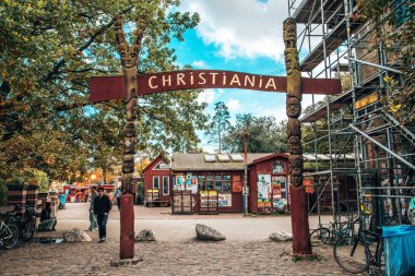 March 10, 2019. Copenhagen, Denmark. Christiania district entrance sign.  clipart