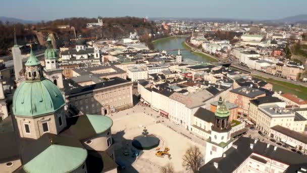 Vista Aérea Catedral Salzburgo Dom Salzburger Dia Ensolarado Primavera — Vídeo de Stock