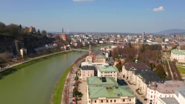 Voando Sobre Histórica Cidade Salzburgo Com Rio Salzach Terra Salzburger — Vídeo de Stock