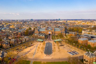 April 3, 2019. Amsterdam, Netherlands. Aerial view of the The Rijksmuseum. Netherlands national museum dedicated to arts and history. clipart
