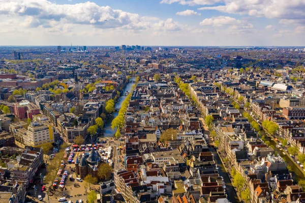 Vista Aérea Bonita Amsterdã Cima Com Muitos Canais Estreitos Ruas — Fotografia de Stock