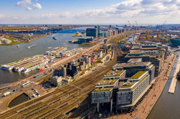 Vista Aerea Della Stazione Centrale Nome Amsterdam Scritto Lettere Enormi — Foto Stock