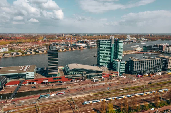 Panoramautsikt Över Moderna Byggnader Centrum Den Holländska Staden Amsterdam Utsikt — Stockfoto